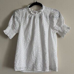 Puff Sleeve Blouse Eyelet Lace White Preppy Summer Casual